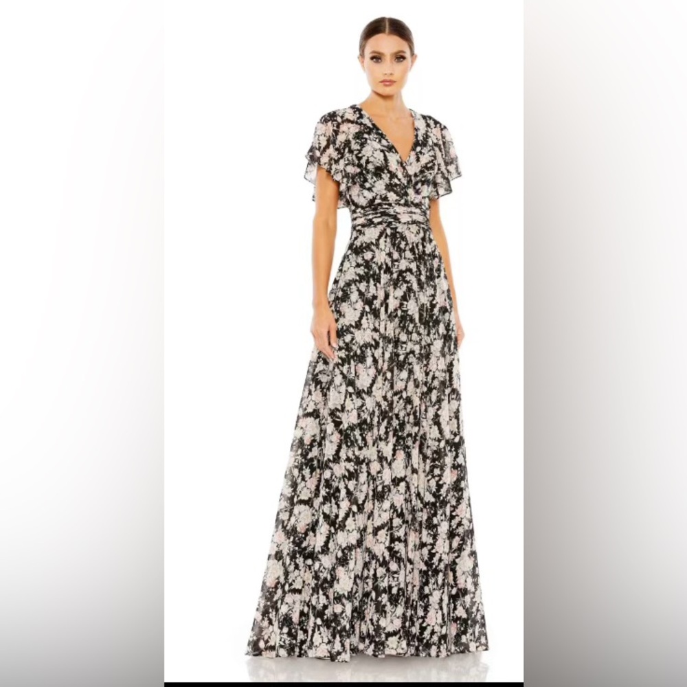Ieena Mac Duggal Black multi floral flutter sleeve maxi dress (10)
